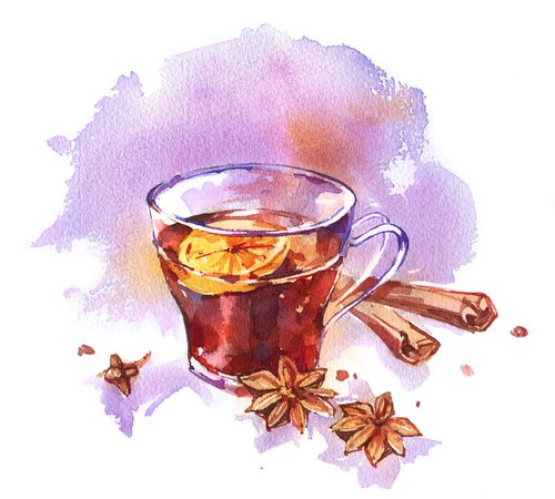 Still life "Cup of mulled wine with spices" original watercolor painting postcard by Ksenia Selianko