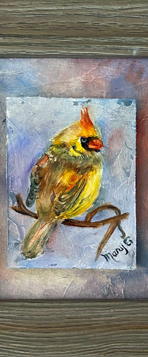 Female Cardinal Original Oil Painting Driftwood frame 4x6 by Mary Gullette