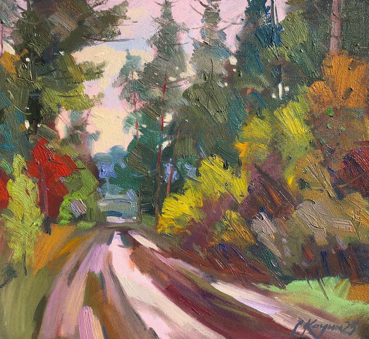 Impressionistic Landscape Acrylic Painting By Sergey Kachin, 26 X 24", Autumn Forest, Original Artwork