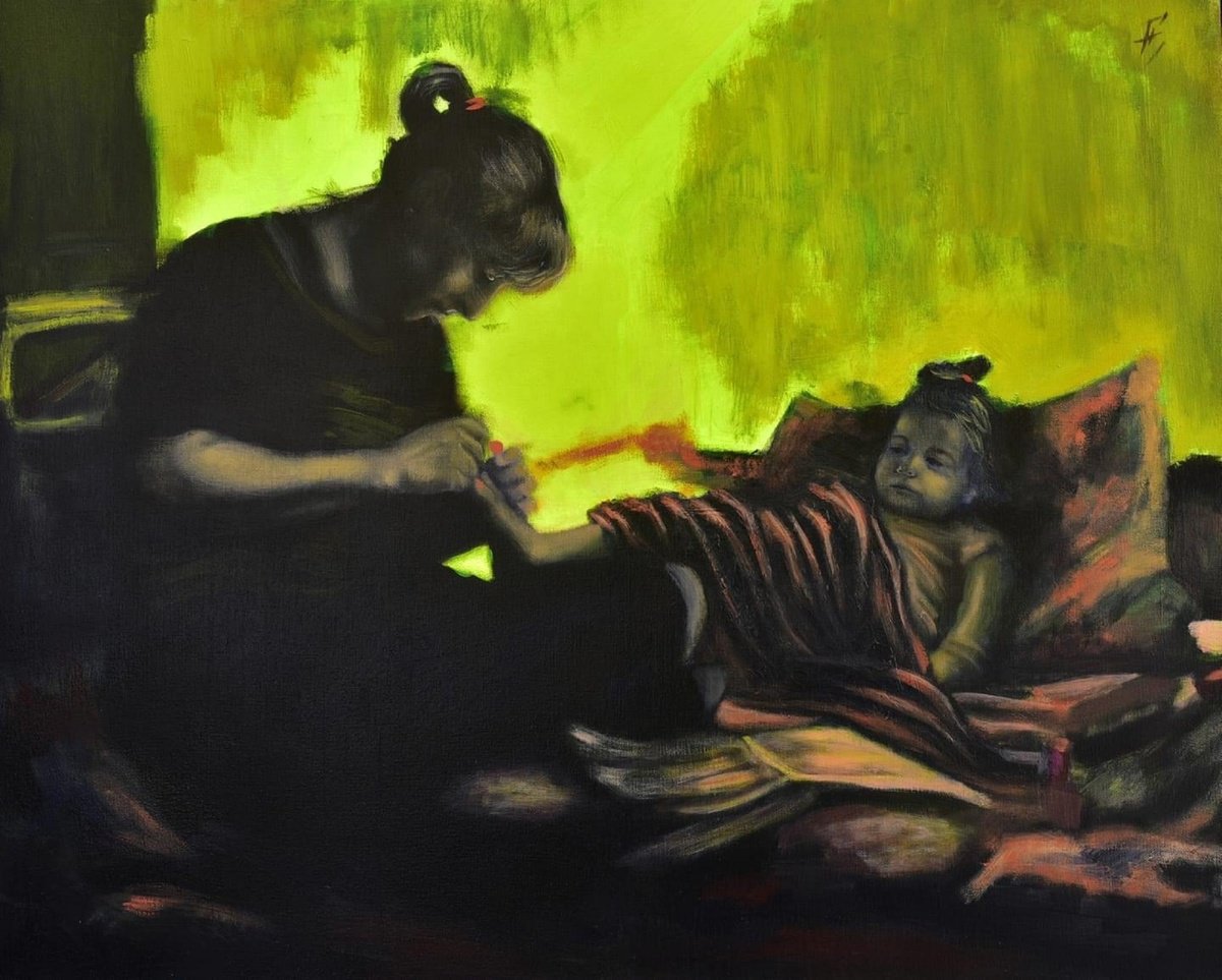 Impressionistic Portrait Acrylic Painting By Nikola Gulev, 39 X 31", "Maternity", Original Artwork