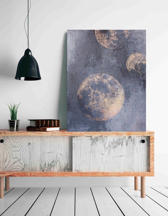 "Golden Planets" Abstract space acrylic art