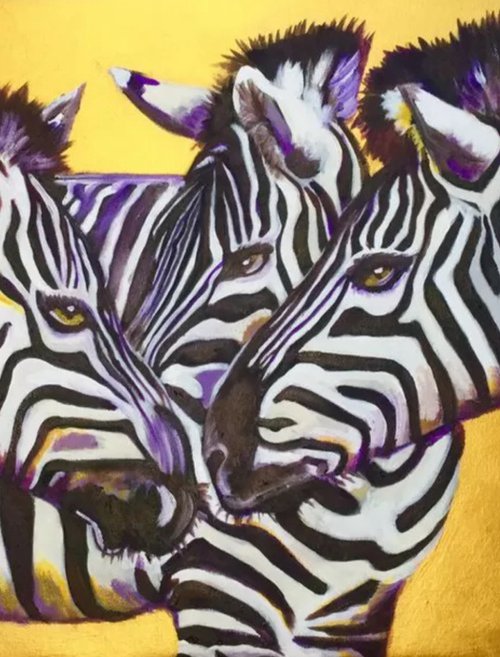ZEBRAS on golden background. by Olga Koval