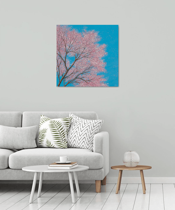 Cherry blossom dances in the blue, blue sky | 76cm x 76cm