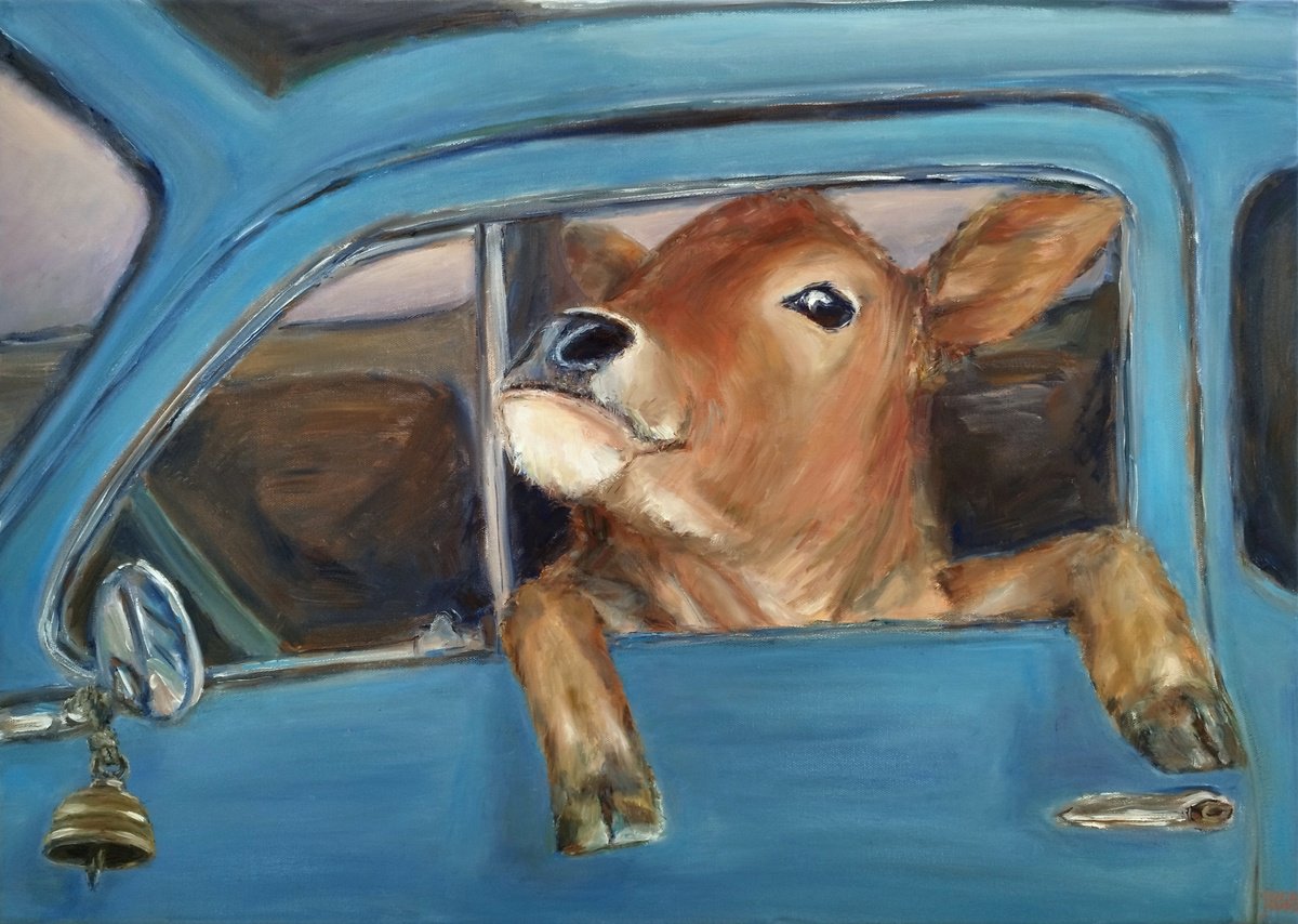 Photorealistic Oil Painting , Cow In The Car By Jura Kuba Art, 28 X 20, Artwork For Sale On Artfinder