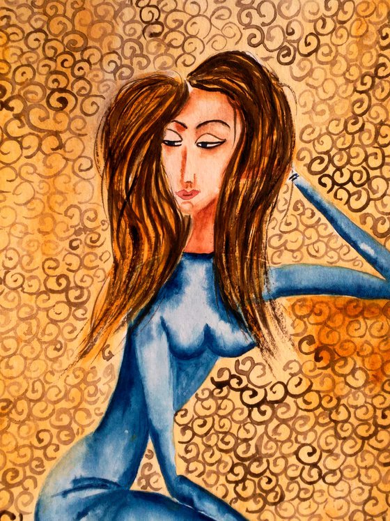 Woman Painting Portrait Original Art Cat Watercolor Woman and Cat Artwork Girl and Cat Home Wall Art 12 by 17" by Halyna Kirichenko