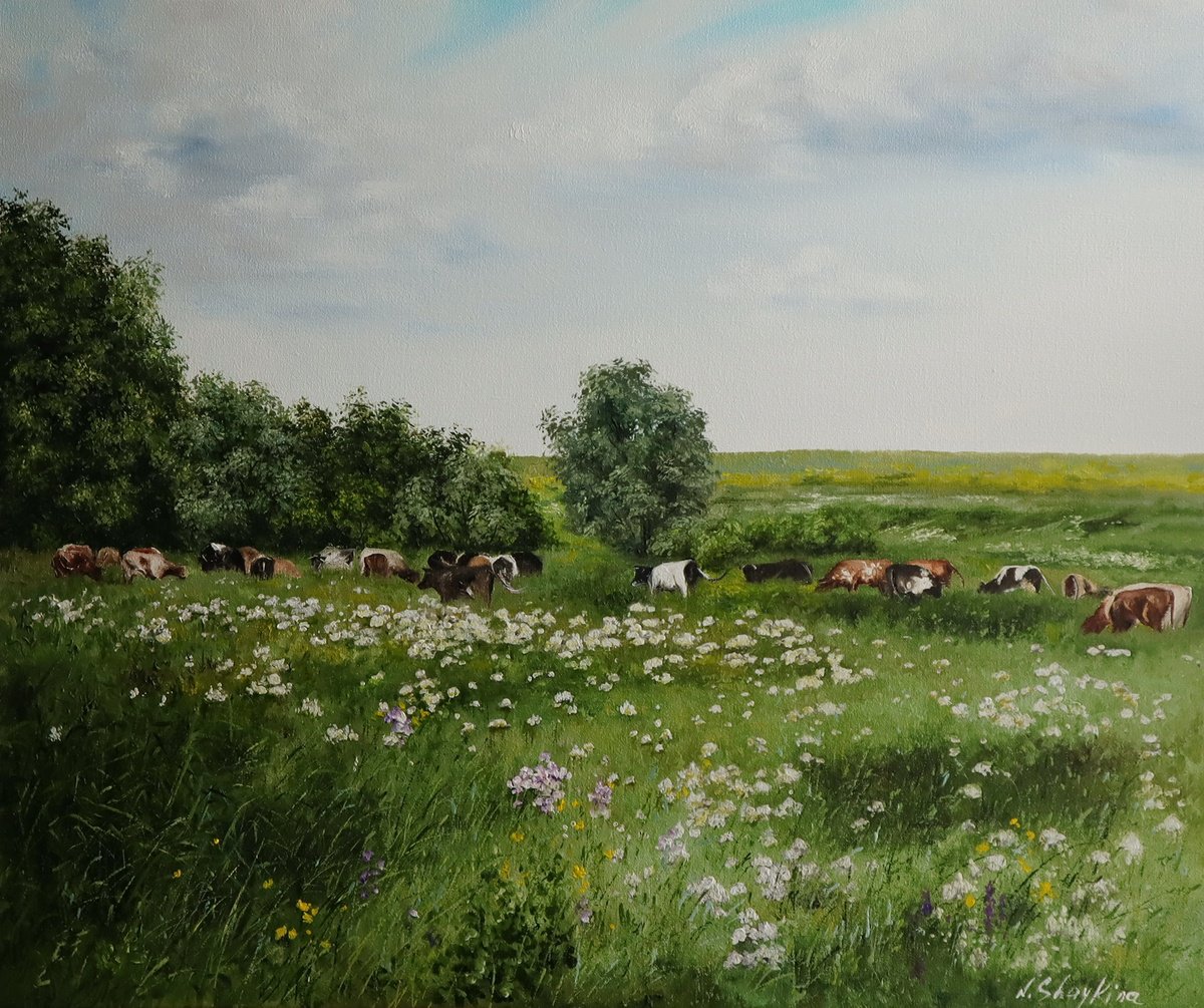 Impressionistic Landscape Oil Painting By Natalia Shaykina, 24 X 20", Grazing Cows In Summer Meadow, Original Artwork