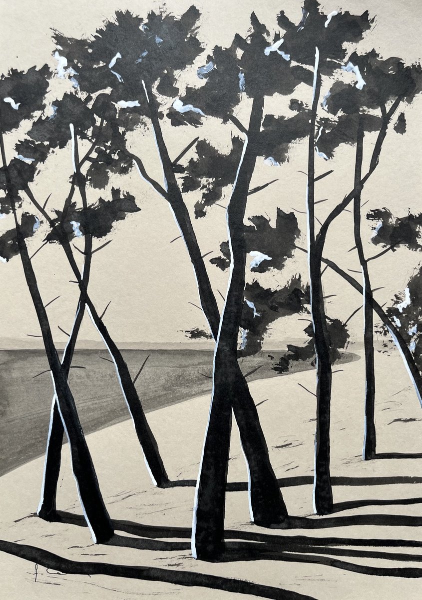 Landscape Painting By Cadiou Frederic, 9 X 13, Pinetrees, Original Artwork