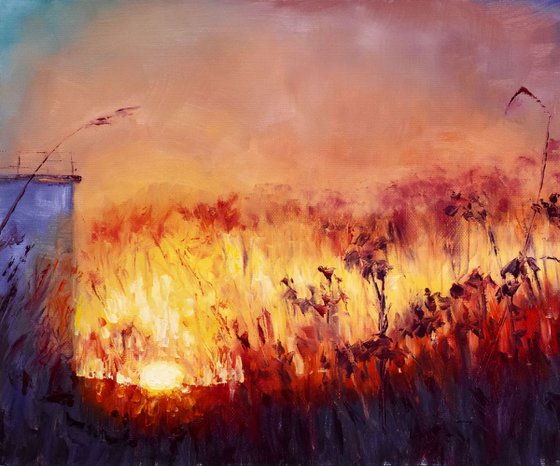 Burning Sky oil painting, Sunset over the reed beds