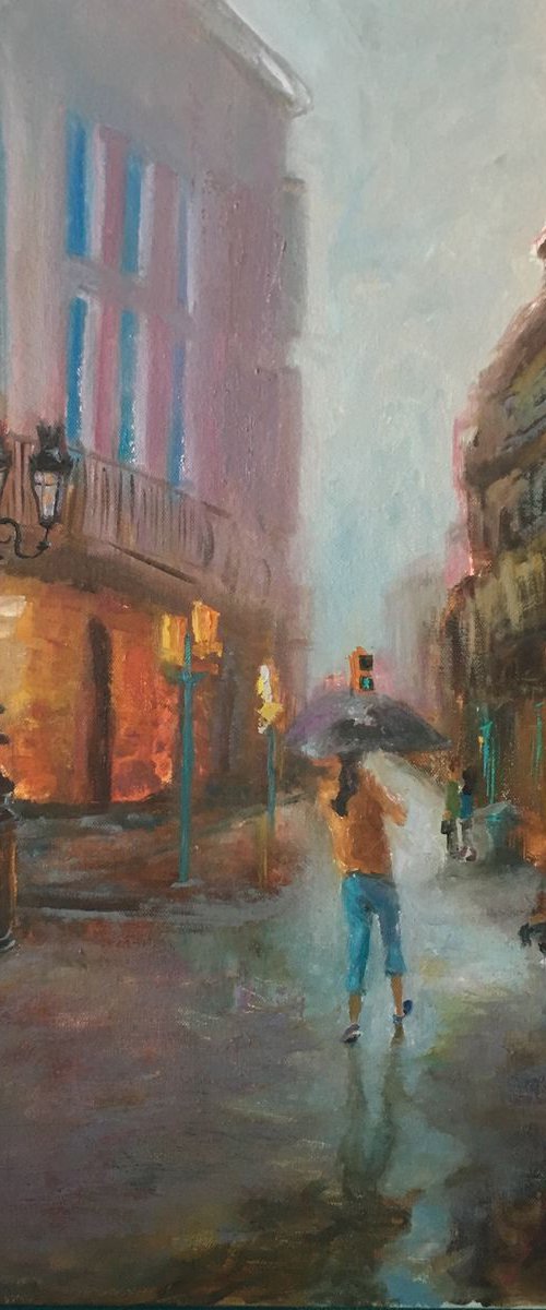 Rainy day at the city, Cityscape oil painting by Leo Khomich