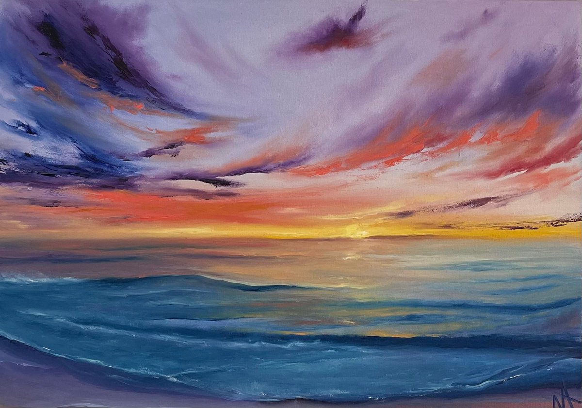 Impressionistic Landscape Oil Painting By Anastasiia Novitskaya, 29 X 21, Purple Sunset, Original Artwork