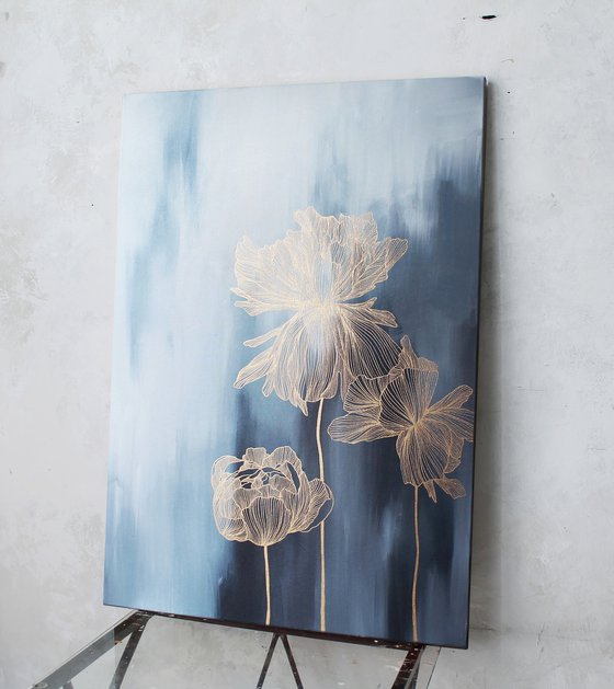 "Thinness 3" Navy gold flower abstract art