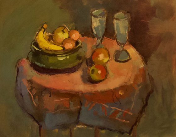 Fruit and Glasses on Round Table