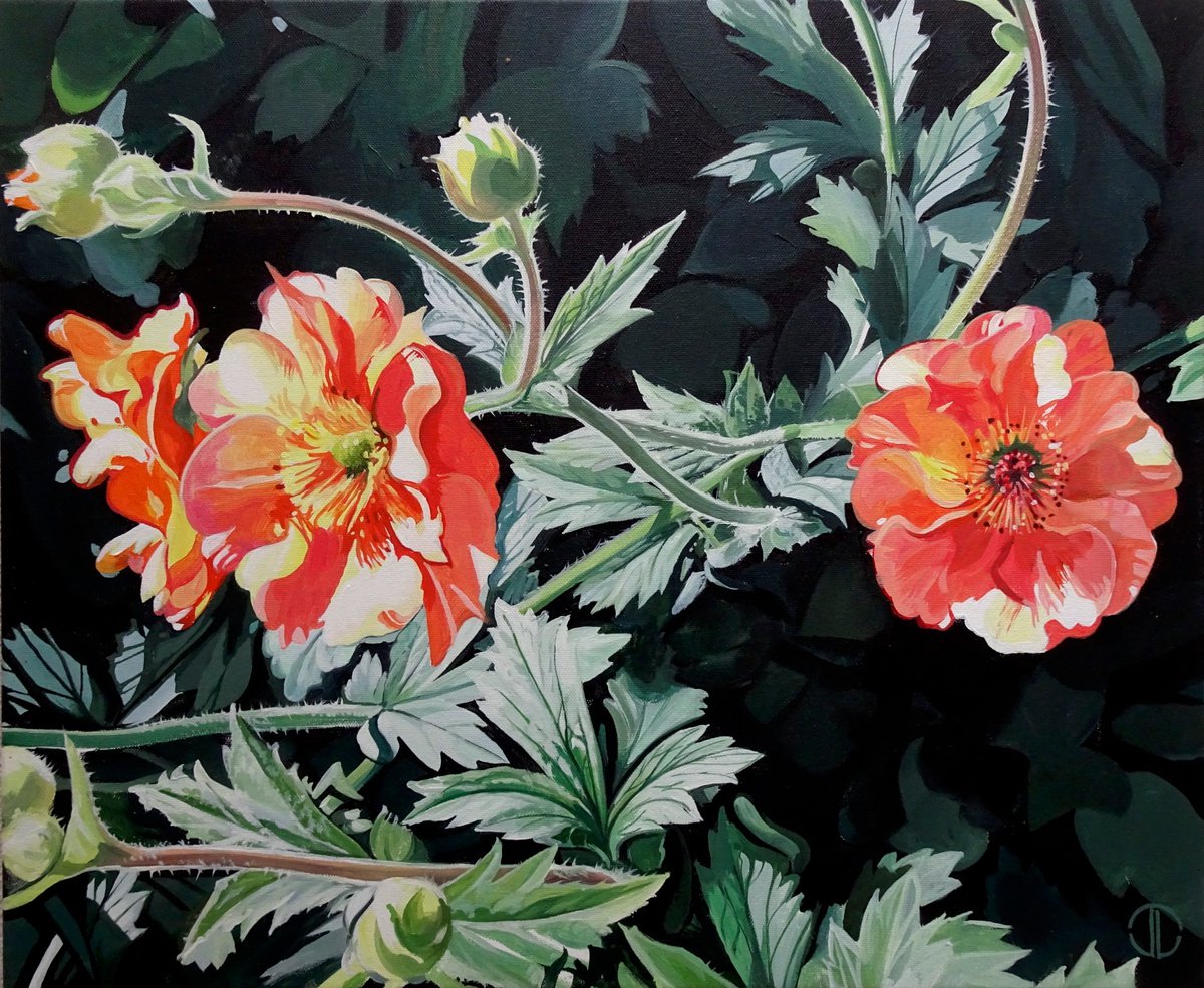 Photorealistic Botanical Acrylic Painting By Joseph Lynch, 24 X 20, Gems In The Summer Border, Original Artwork