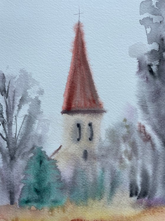 Fall Watercolor Painting, Church in Forest Original Art, Rainy Wall Art, Slovak Artwork