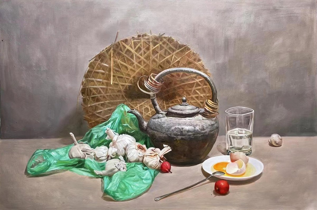 Photorealistic Still Life Oil Painting By Kunlong Wang, 35 X 24", Original Still Llife T245, Original Artwork