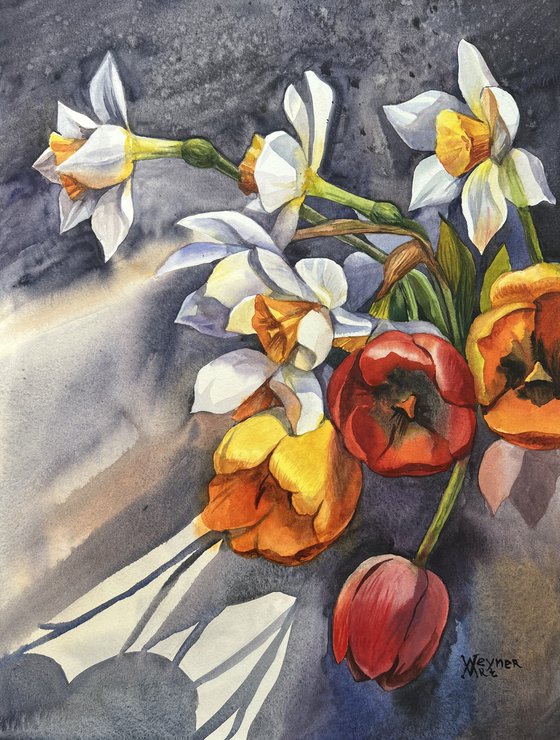 Tulips and daffodils. Flowers in a vase