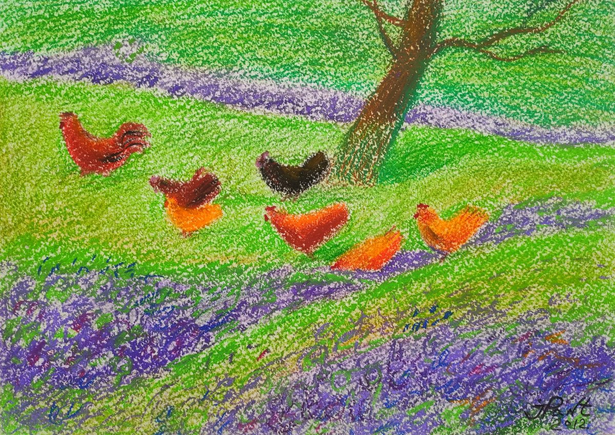 Impressionistic Landscape Pastel Drawing By Inna Pantelemonova, 12 X 8, Chickens In Crocuses, Original Artwork
