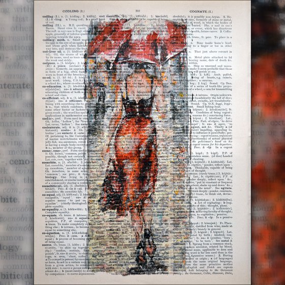 Lady in Red - Collage Art on Large Real English Dictionary Vintage Book Page