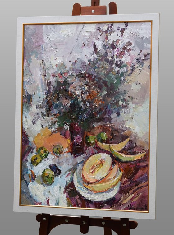Still life with melons - Original oil painting  framed.
