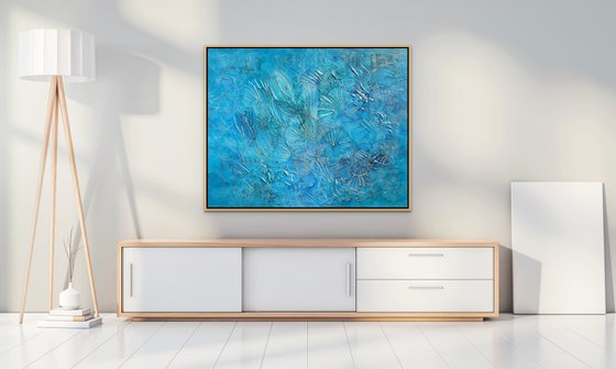 TROPICAL VIBES. Abstract Blue, Teal, Turquoise, Gold Textured Coastal Large Painting