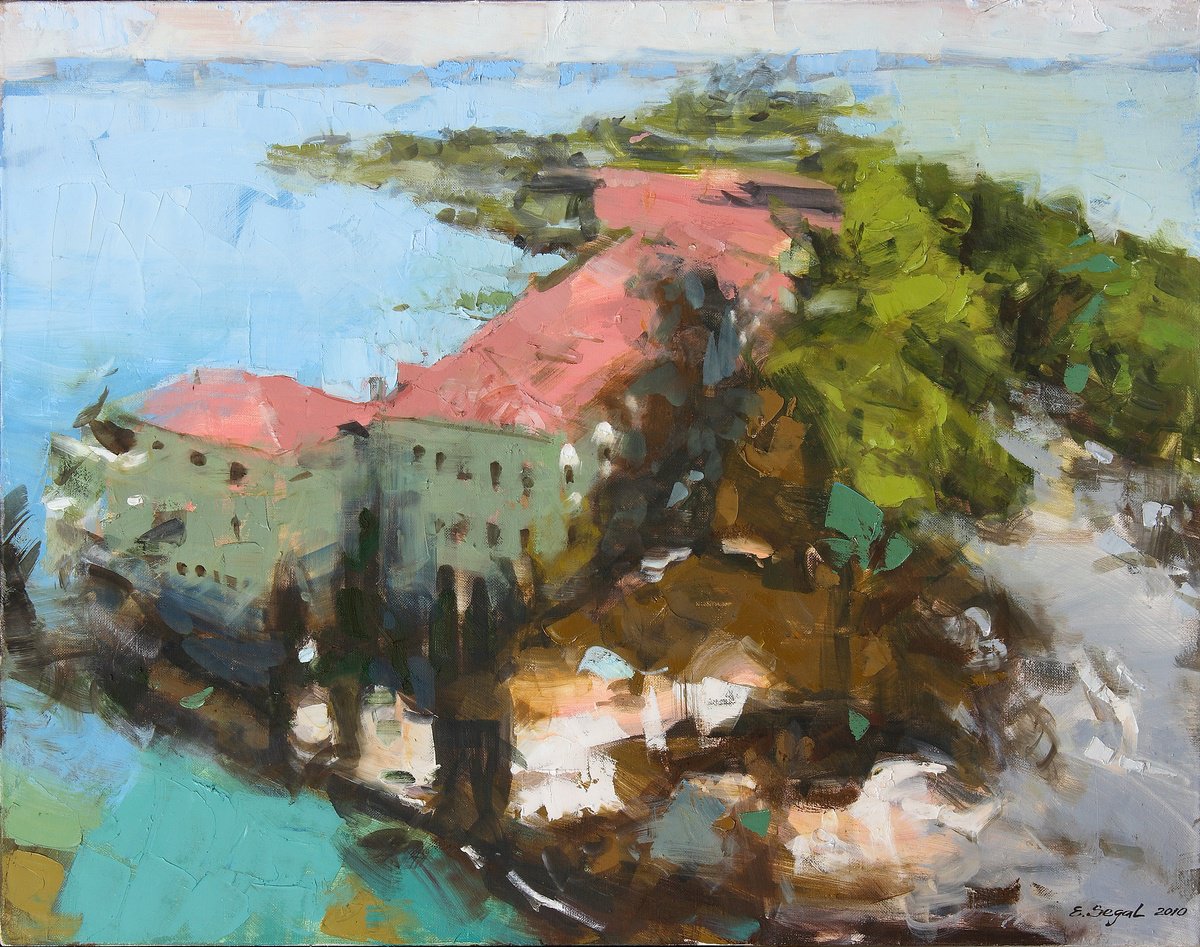 Expressive Cityscapes Oil Painting By Eugene Segal, 30 X 24, Azure Bay, Original Artwork