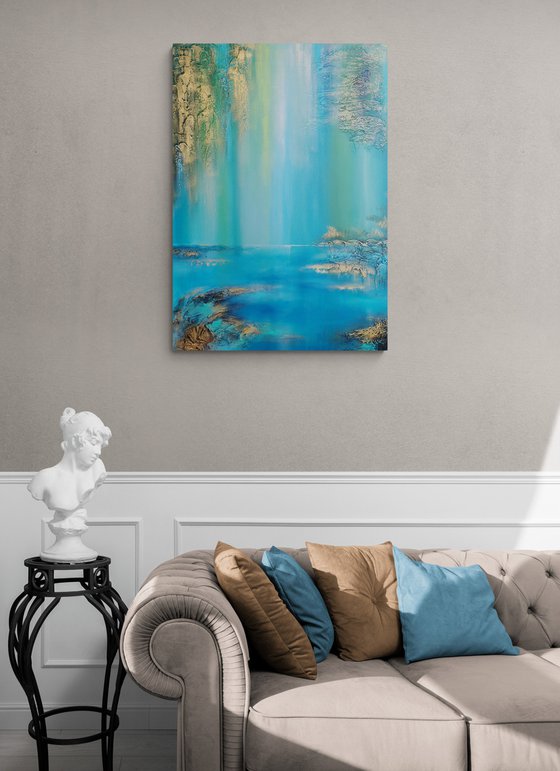 A XL large semi-abstract beautiful structured mixed media painting of a lake "Under the willow"