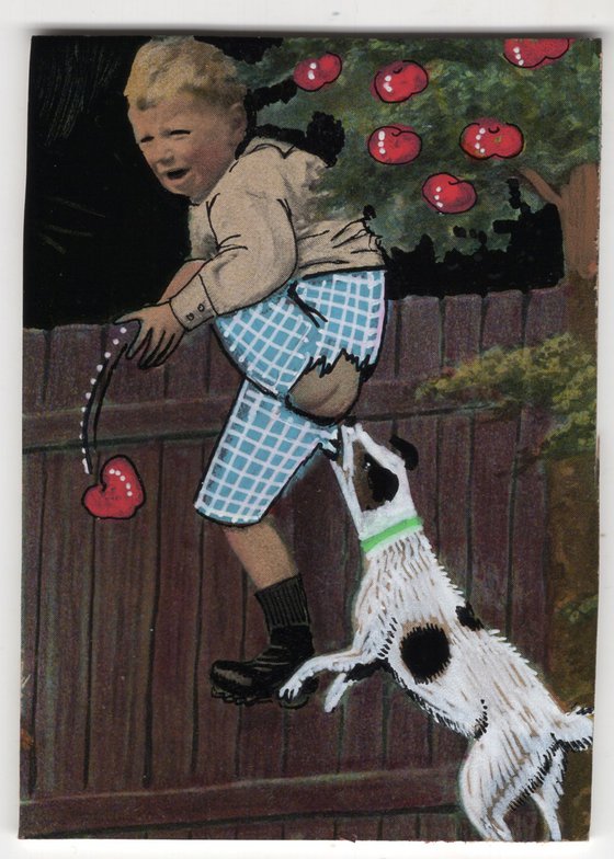 OUCH! Apple Boy Steals Apples Gets Caught ACEO original painting 2.5 x 3.5 inches