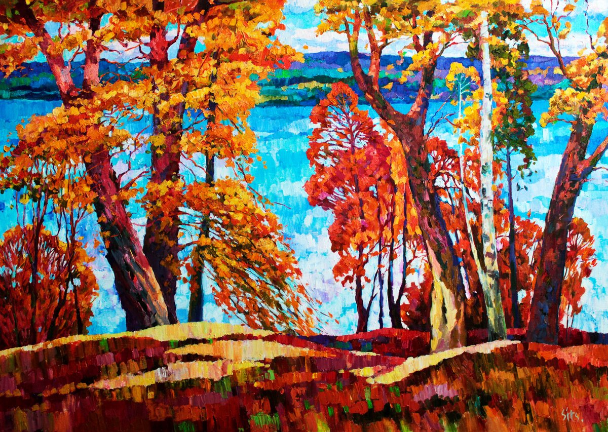 Impressionistic Landscape Oil Painting By Andrei Sitsko, 55 X 39, A Big River, Original Artwork