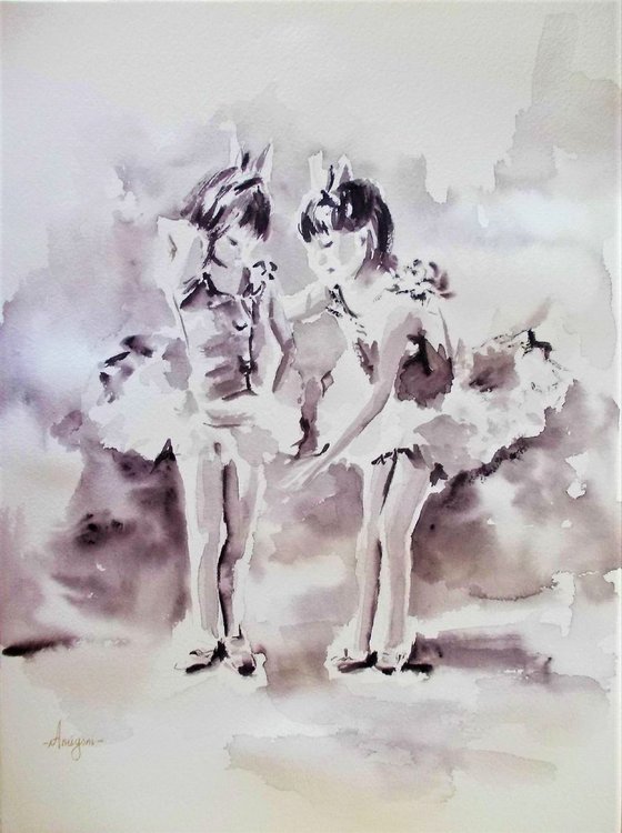 Two Little Ballerinas - Original ballet watercolor painting