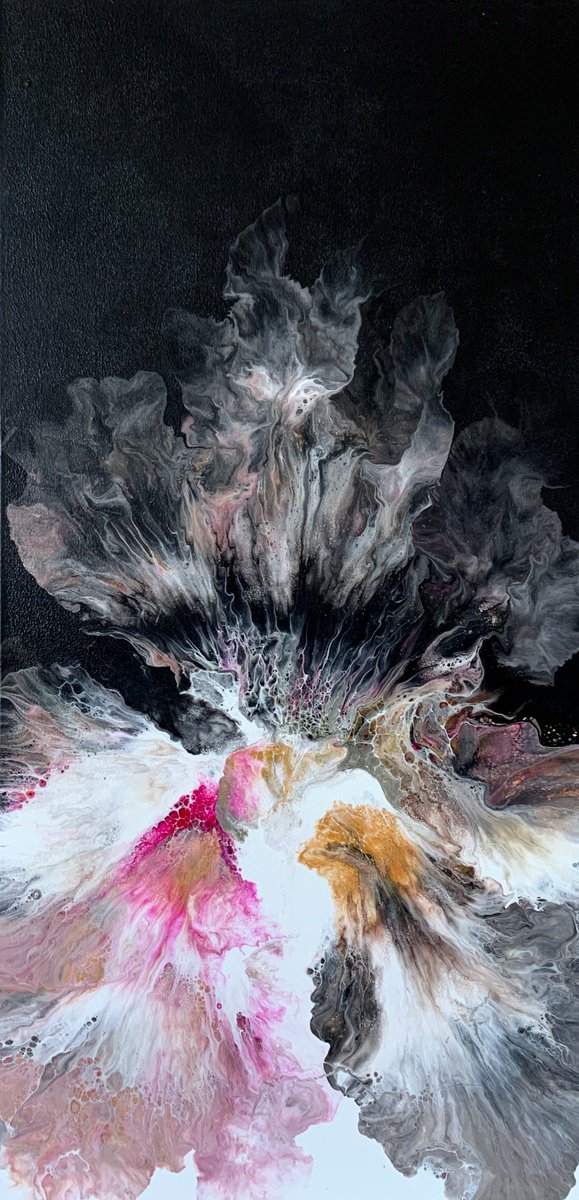 Flower in negative space Pink Gold on black fluid art painting , Modern artwork by Marina Skromova