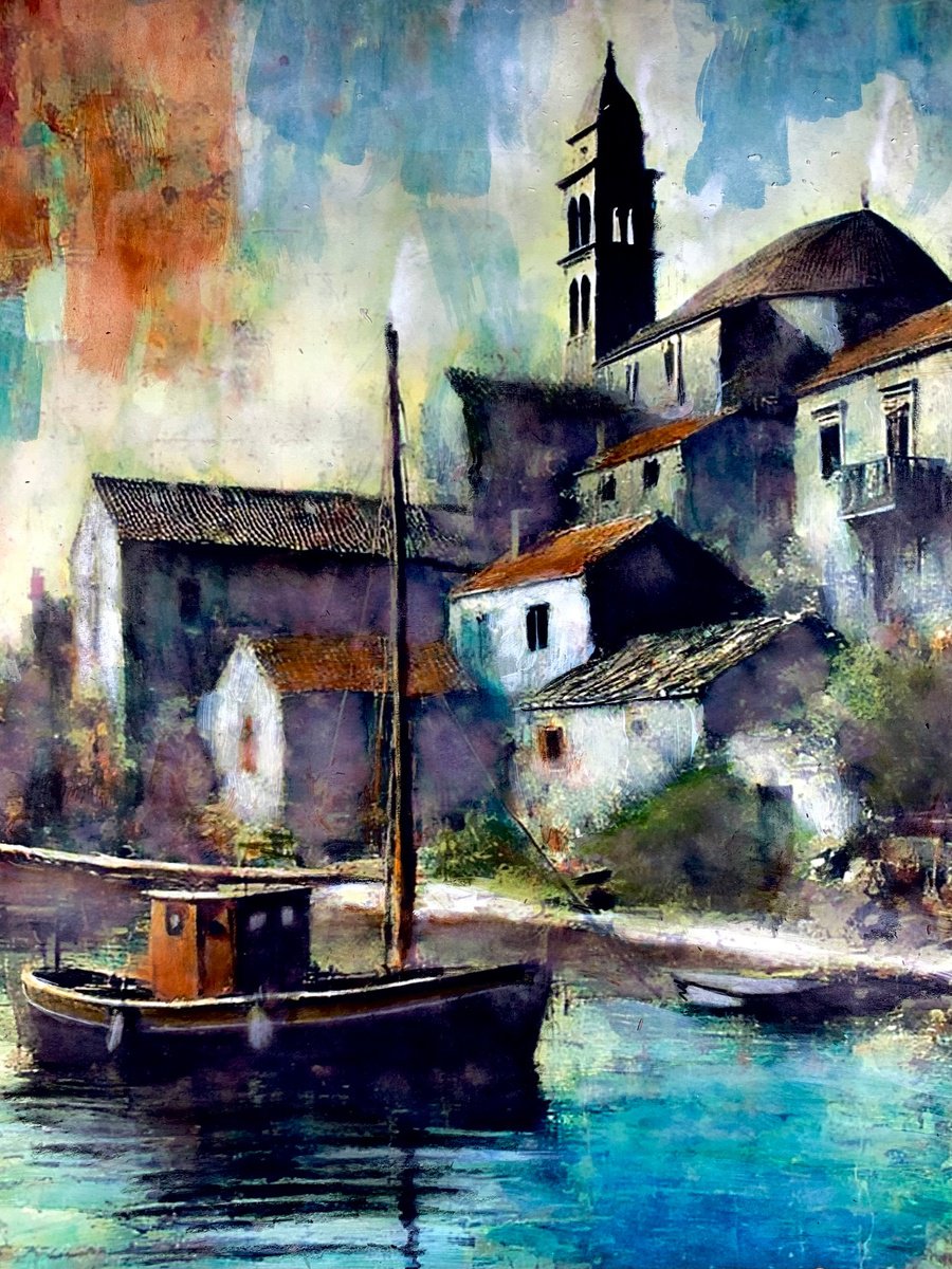 Impressionistic Landscape Acrylic Painting By Sinisa Alujevic, 12 X 17", The Silent Harbor, Original Artwork
