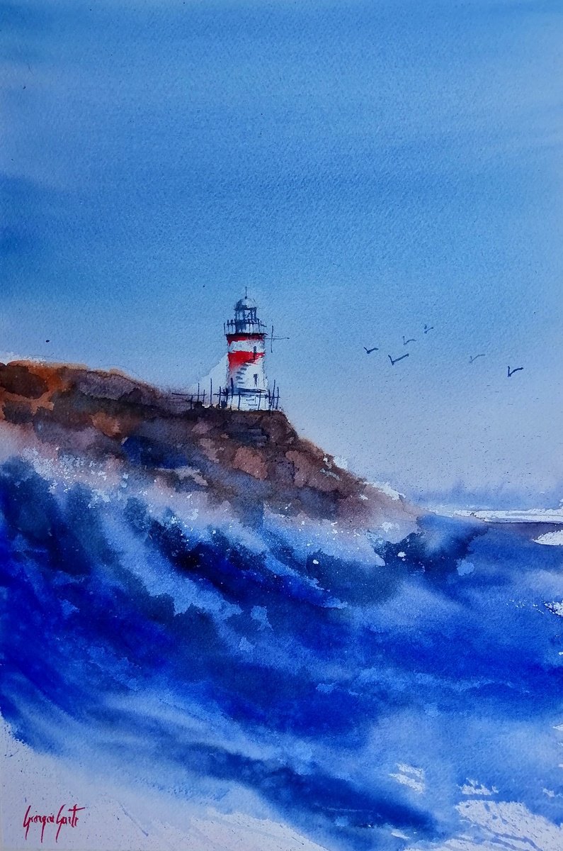 Impressionistic Landscape Watercolour By Giorgio Gosti, 14 X 21, Lighthouse 23, Original Artwork