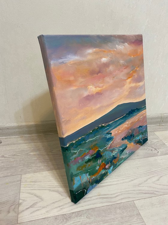 Sunset by the lake II — contemporary landscape with optimistic and positive energy on stretched canvas