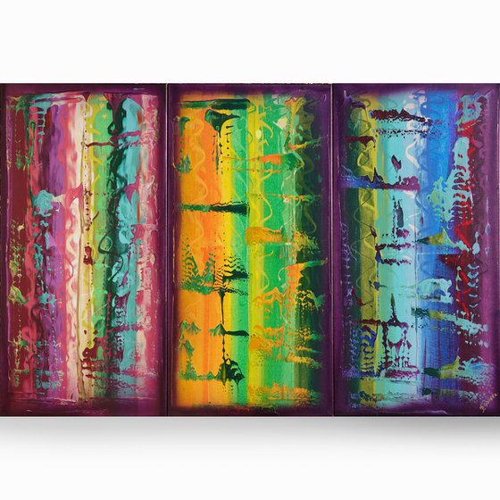 Rainbow A841 Large abstract paintings Palette knife 100x150x2 cm set of 3 original abstract acrylic paintings on stretched canvas