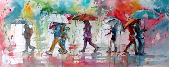 Walking people at rain