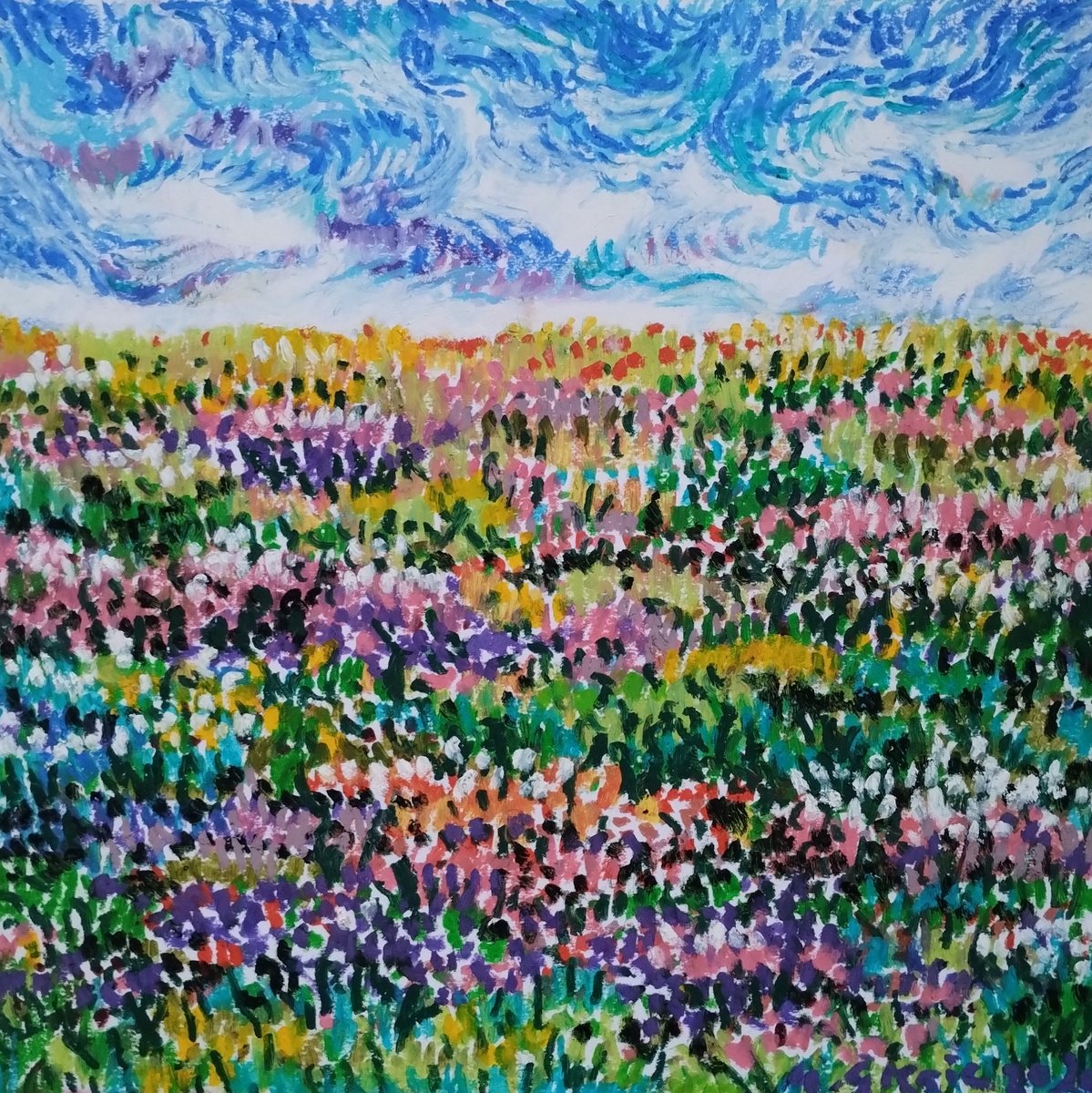 Impressionistic Landscape Pastel Drawing By Maja Grecic, 12 X 12", Colourful Meadow, Original Artwork