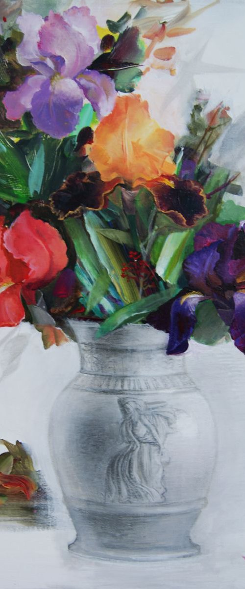 Still life. Irises in the antique vase. by Vladimir Verejnikov