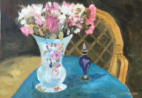 Spring flowers and a scent bottle, studio oil painting