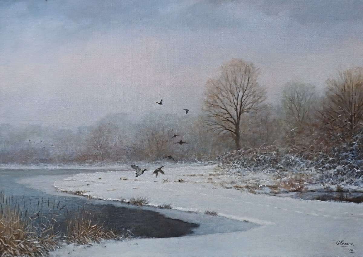 Impressionistic Landscape Oil Painting By Gerard Kramer, 28 X 20, Snowlandscape With Ducks, Original Artwork