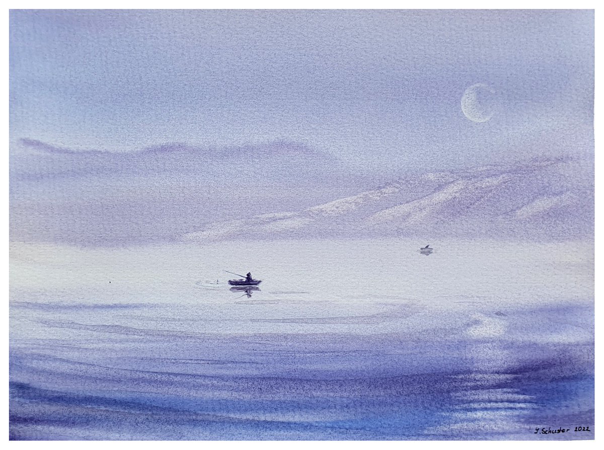 Impressionistic Landscape Watercolour By Yulia Schuster, 12 X 9", Morning Fishing, Original Artwork