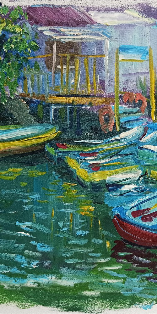 The boat station. Plein air painting by Dmitry Fedorov