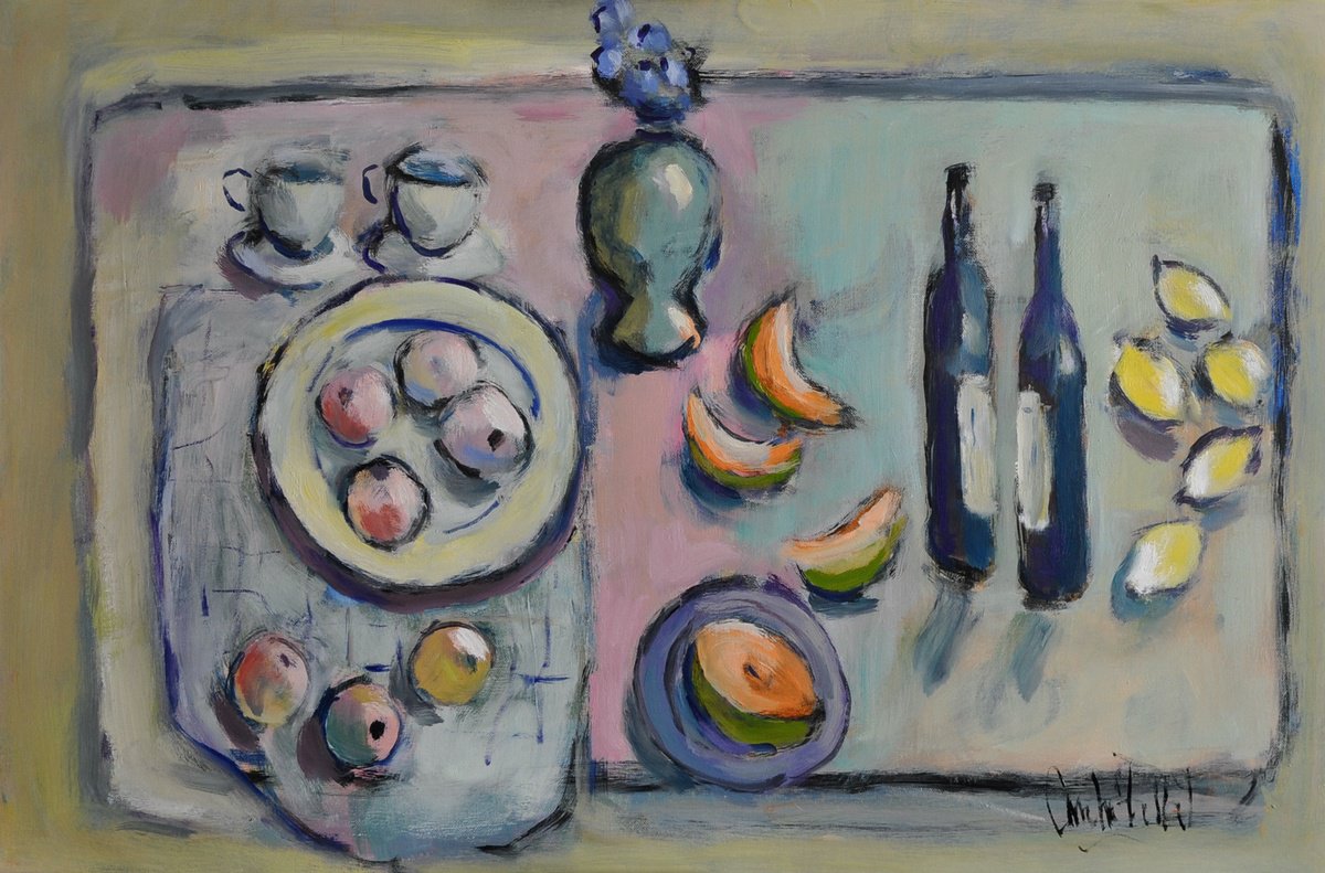Impressionistic Still Life Oil Painting By Andre Pallat, 36 X 24, Still Life Wth Melon And Lemons, Original Artwork