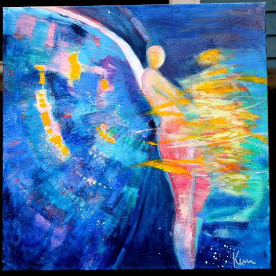 Led By a Pillar of Fire 24x24" Blue Colorful Abstract Angel Figure Painting