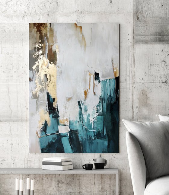 "Teal bloom 2" Teal gold cream abstract art