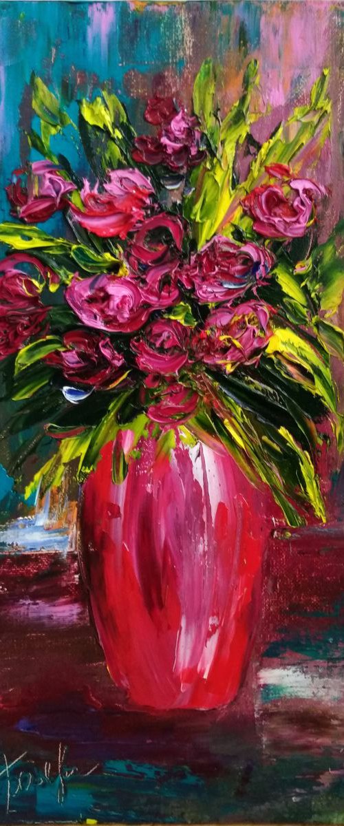 Roses in the red vase Still Life by Oksana Fedorova