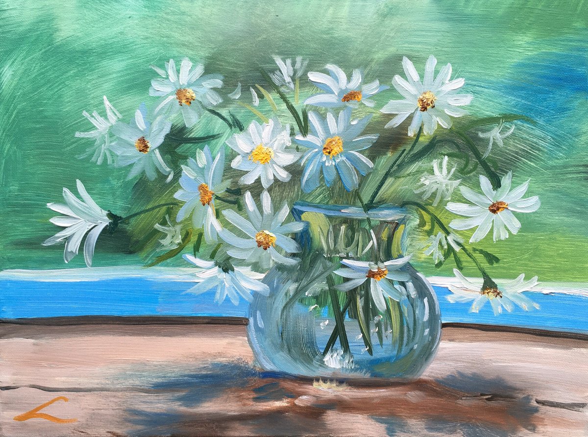 Impressionistic Botanical Oil Painting By Elena Sokolova, 16 X 12, Daisies 3, Original Artwork