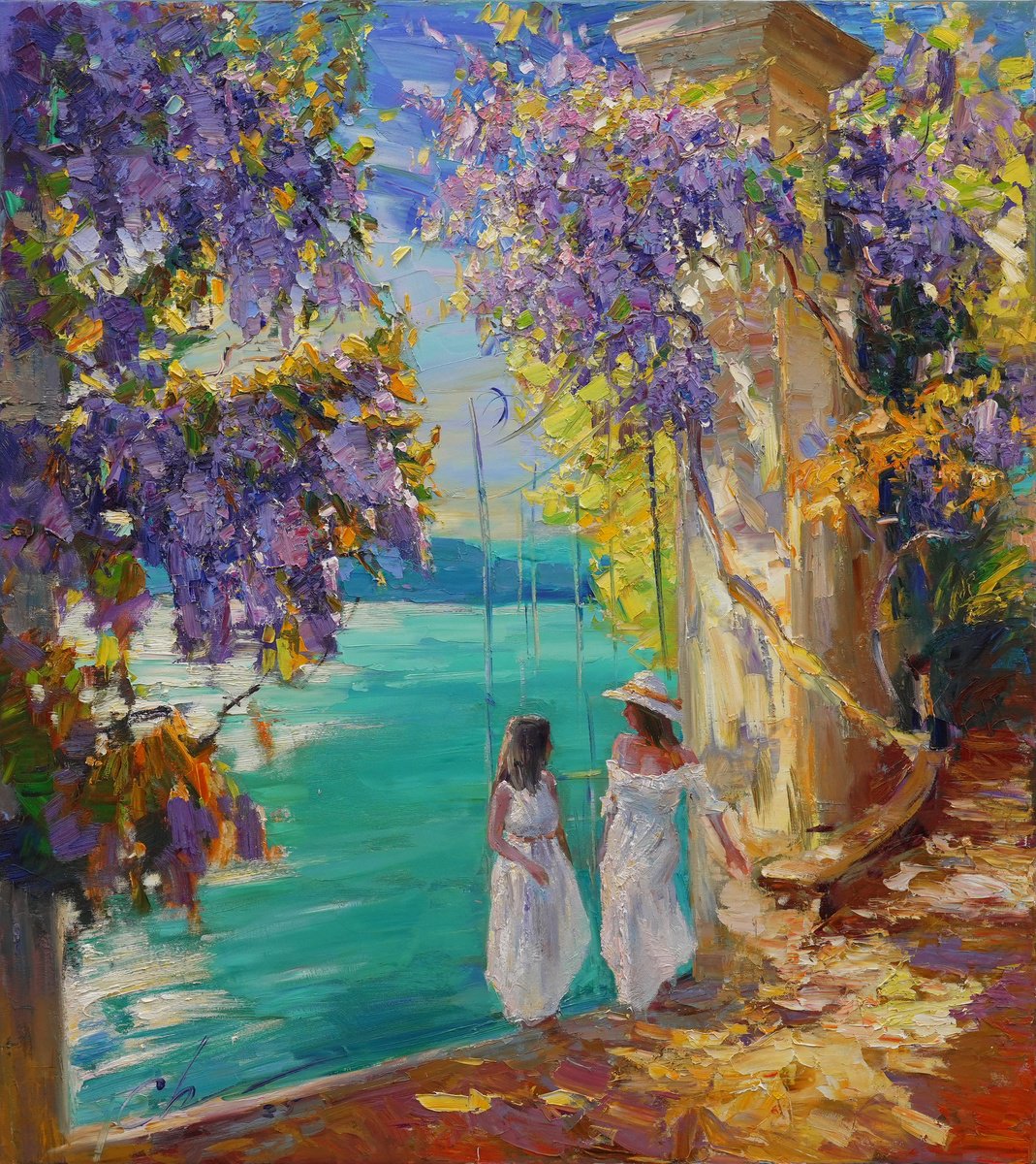 Impressionistic Landscape Oil Painting By Serhii Cherniakovskyi, 35 X 39", Sammer Day At Lake Como, Original Artwork