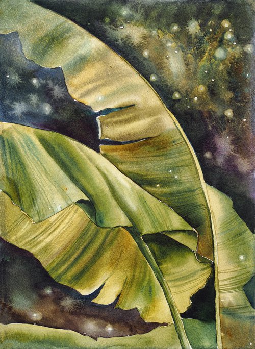 Tropical dream - green leaves original watercolor by Delnara El