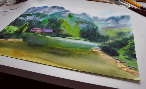 Mountains Painting, Misty Landscape Original Watercolor Painting