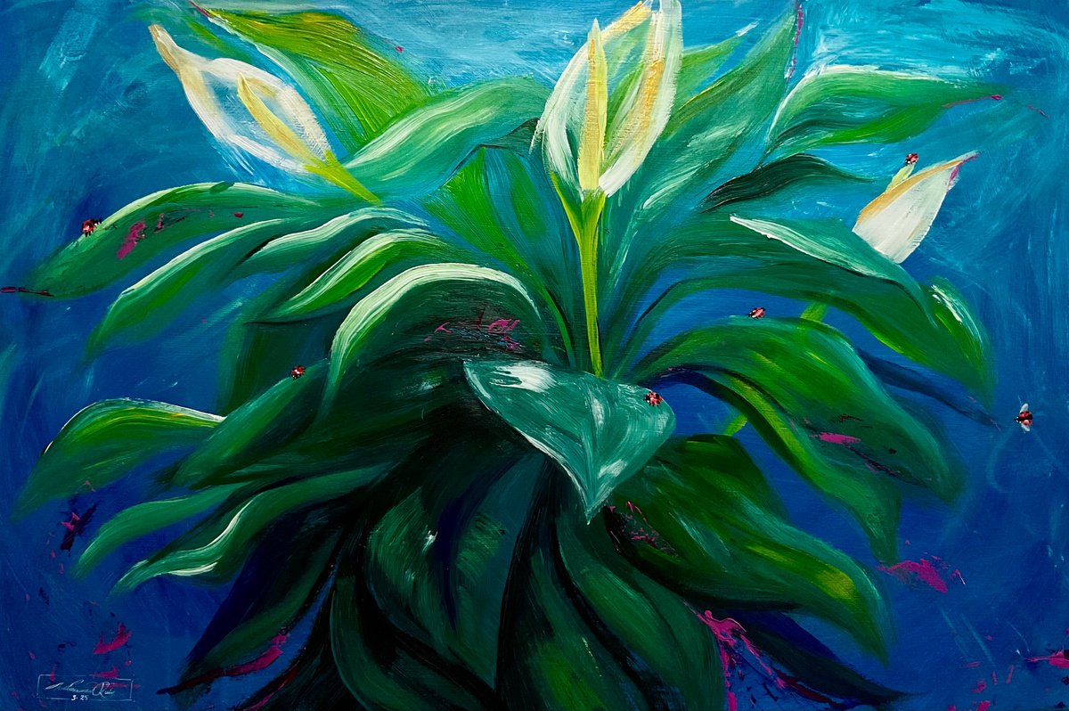 Expressive Botanical Acrylic Painting By Amani Muhammad, 36 X 24, Peace Lily, Original Artwork